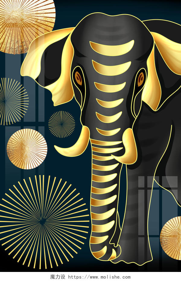 黑金色新中式手绘工笔画风创意大象装饰版画原创插画海报